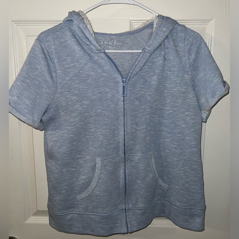 Coral Bay short sleeve terry zipped up hoodie in a light blue color